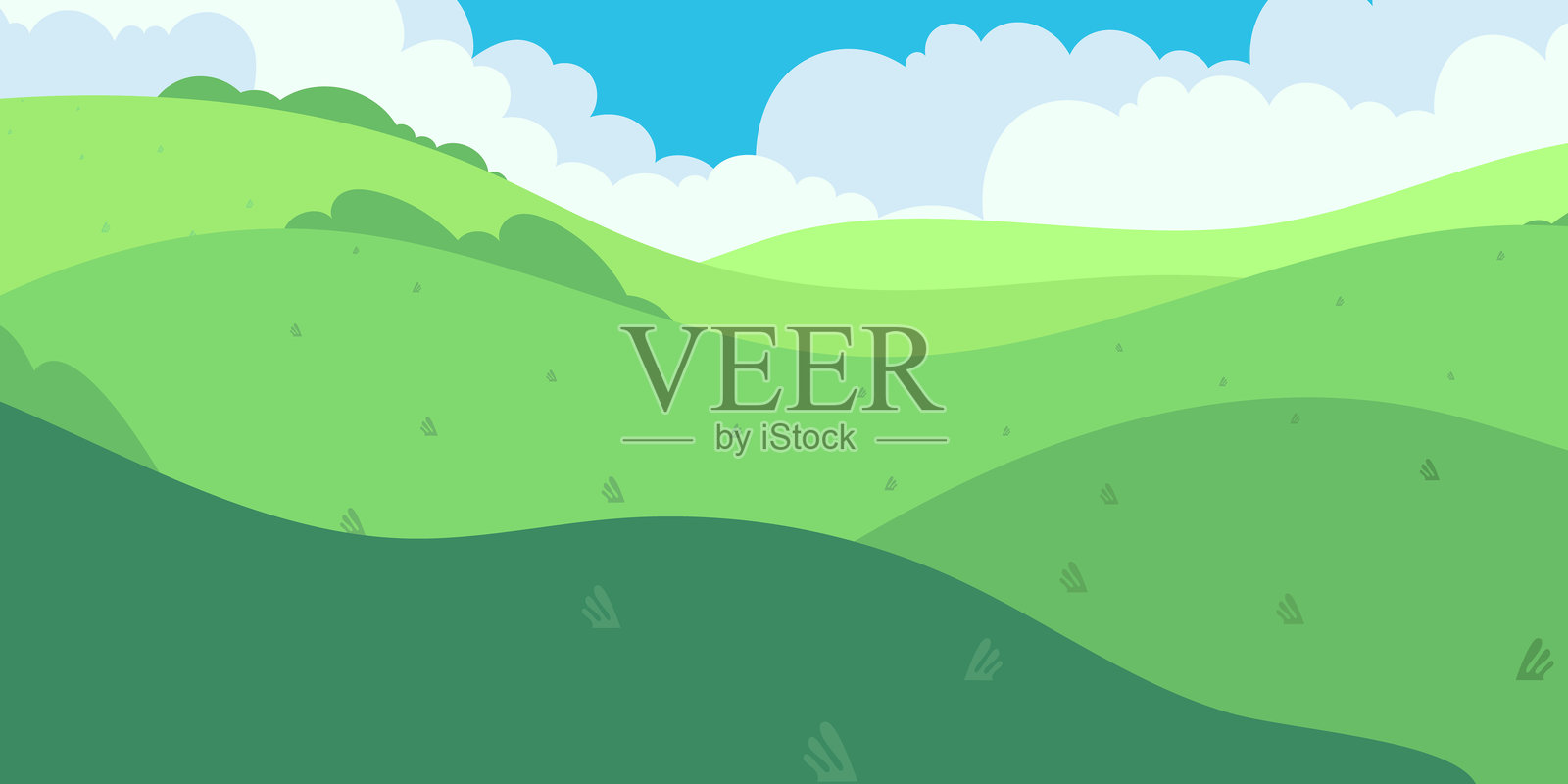 卡通风景，起伏的绿丘和蓬松的云朵插画图片素材