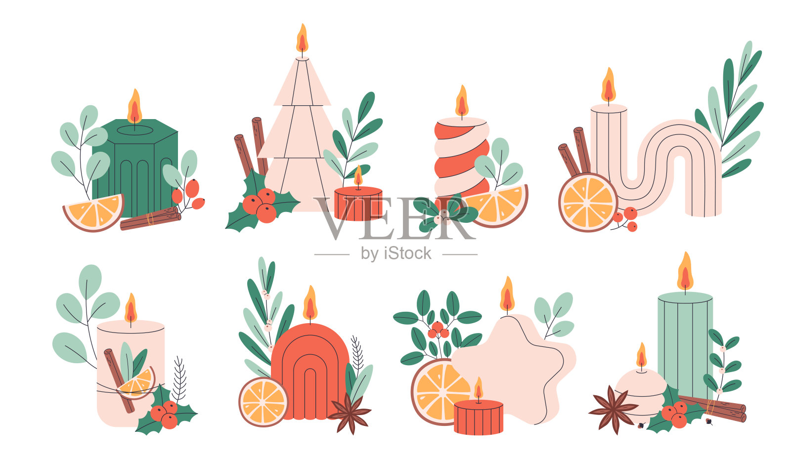 圣诞蜡烛。手绘的蜡烛配有圣诞花卉装饰、肉桂和橙子。冬季设计。平面风格的矢量插图。插画图片素材
