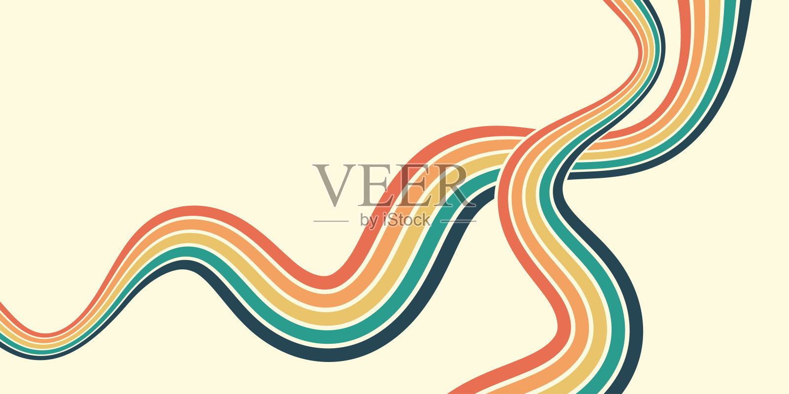 抽象的彩色70年代背景矢量图。复古的墙纸，带有彩虹条纹和波浪线条。适合海报、横幅、装饰物和墙面艺术的1970年代色彩插图。插画图片素材