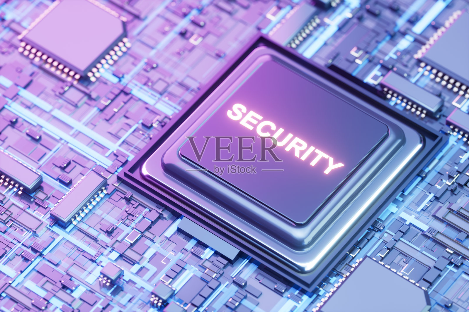 主板芯片上的安全霓虹文字照片摄影图片