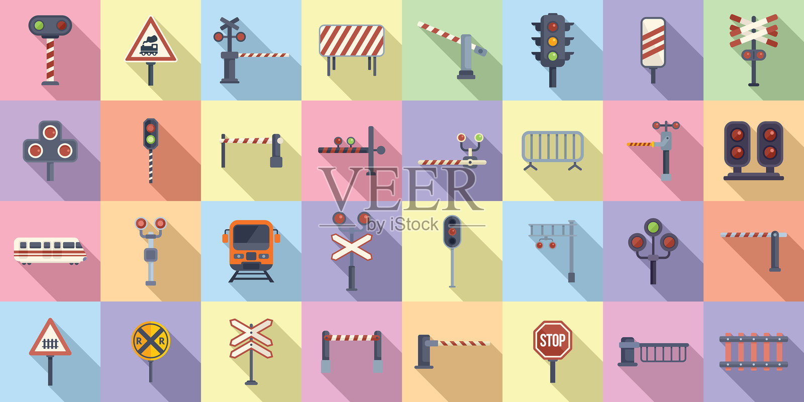 铁路道口图标集平面矢量。信号警报插画图片素材