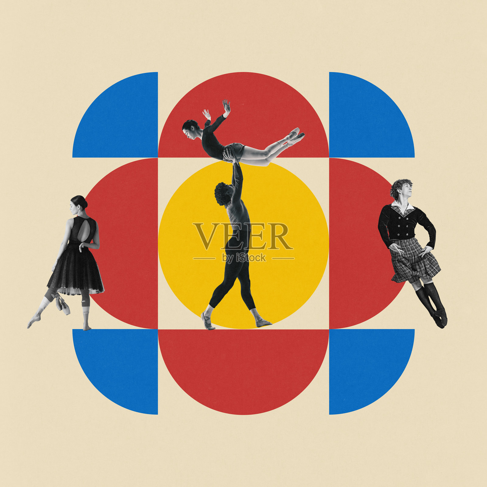 当代艺术拼贴。舞者站在五彩几何形状的网格前，他们的动作突显出和谐。照片摄影图片