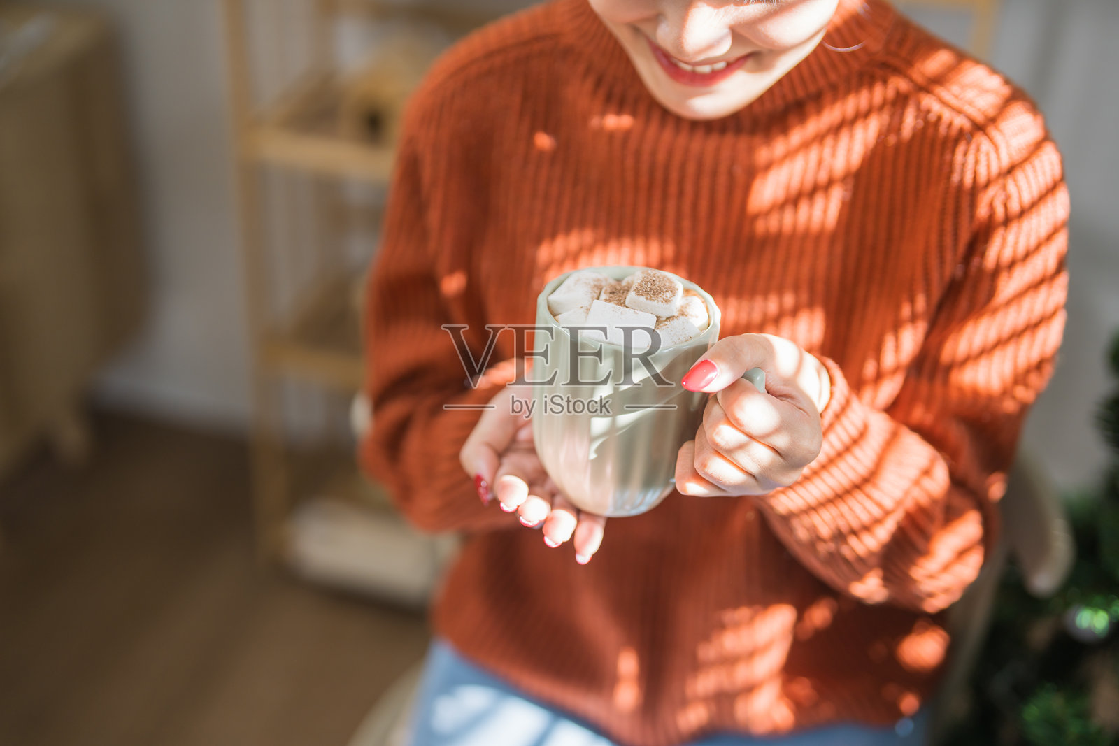 女人手握一杯香浓的可可，杯中漂浮着棉花糖。圣诞前夕，享受着温暖的热巧克力，营造出舒适的节日氛围。照片摄影图片