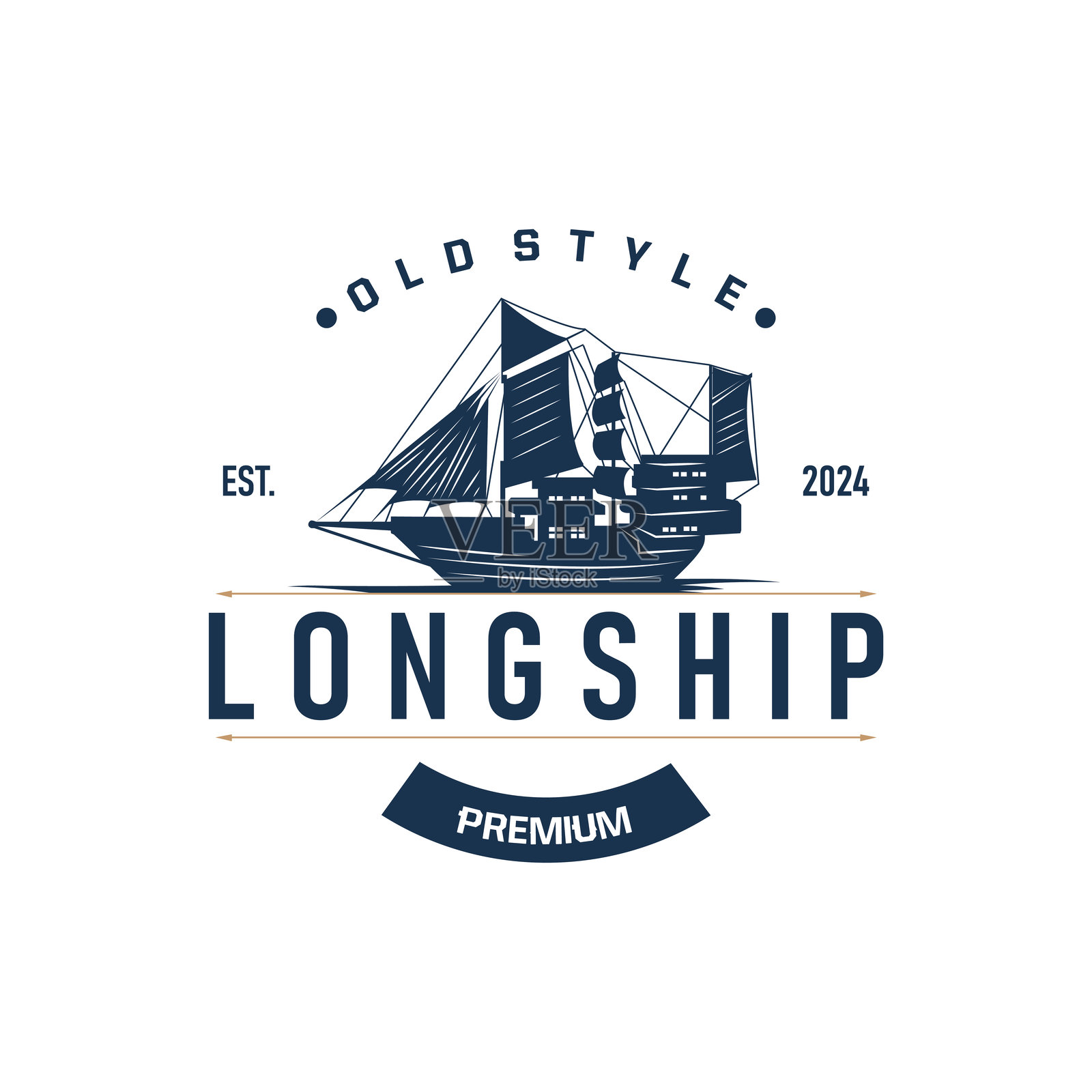 复古维京长船战舰传统海洋帆船剪影设计插画图片素材