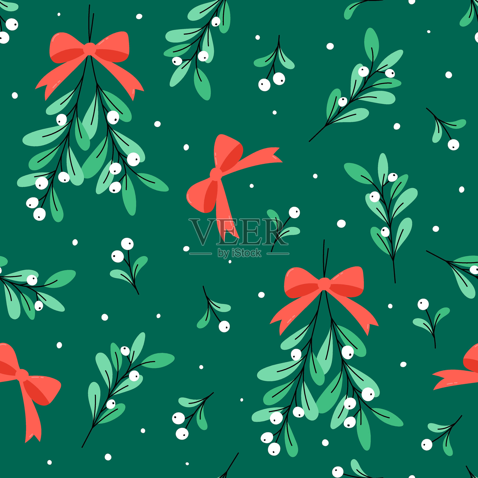 槲寄生图案。可爱的圣诞无缝矢量插图，包含槲寄生枝、叶子和浆果。节日植物背景，简单的假日植物符号。插画图片素材