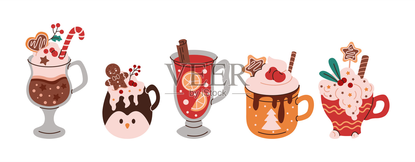 节日假日饮品扁平色彩矢量图对象集插画图片素材