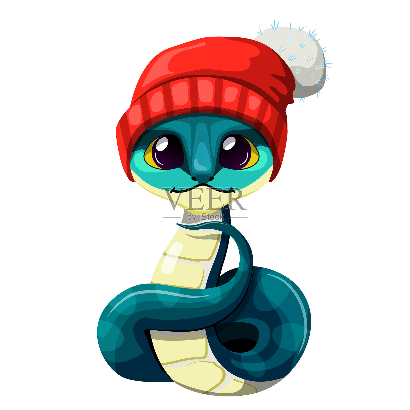 可爱的、有趣的小蛇戴着圣诞帽，背景为白色。2025年中国新年象征。矢量卡通角色插图。插画图片素材