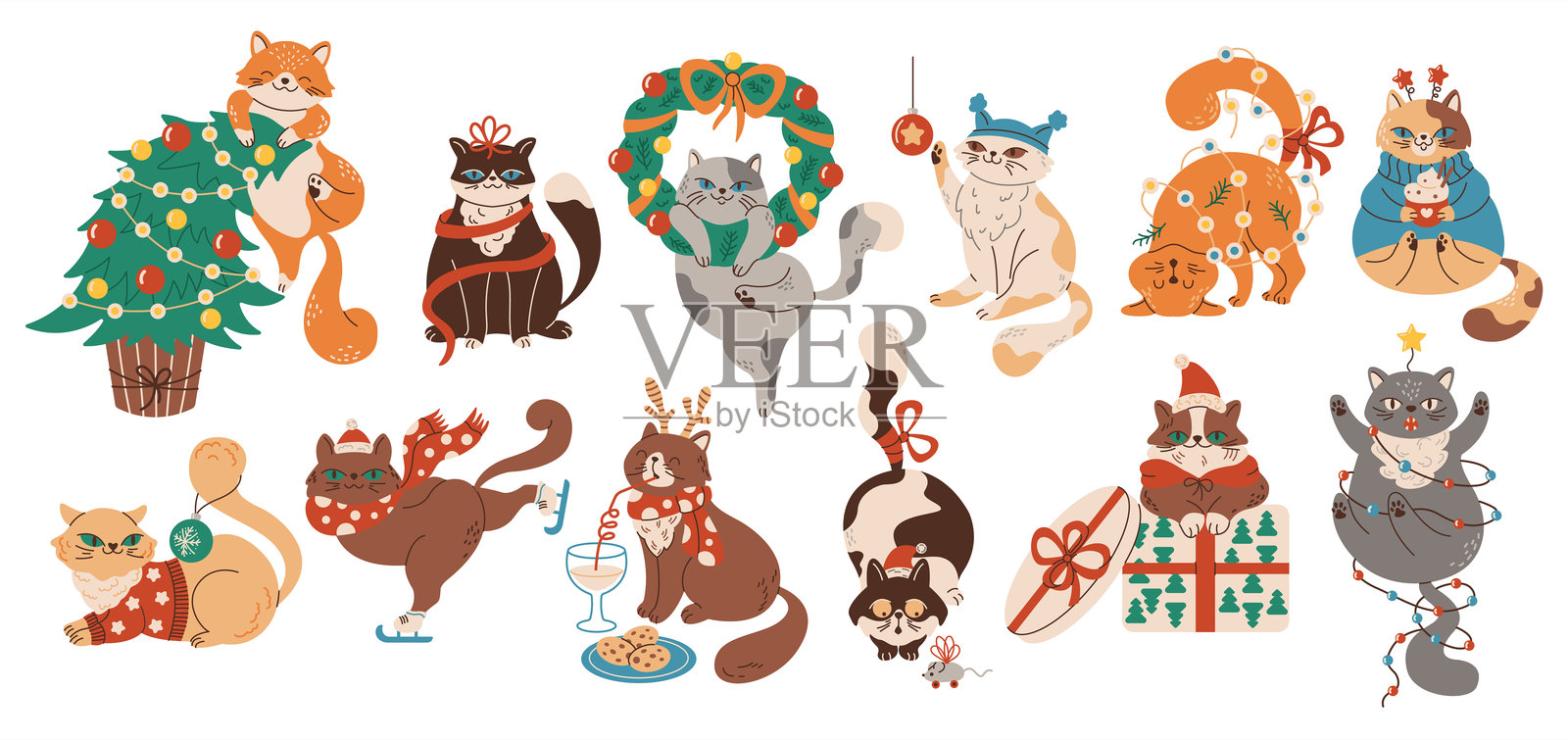 有趣的新年猫咪顽皮行为扁平矢量角色插画图片素材