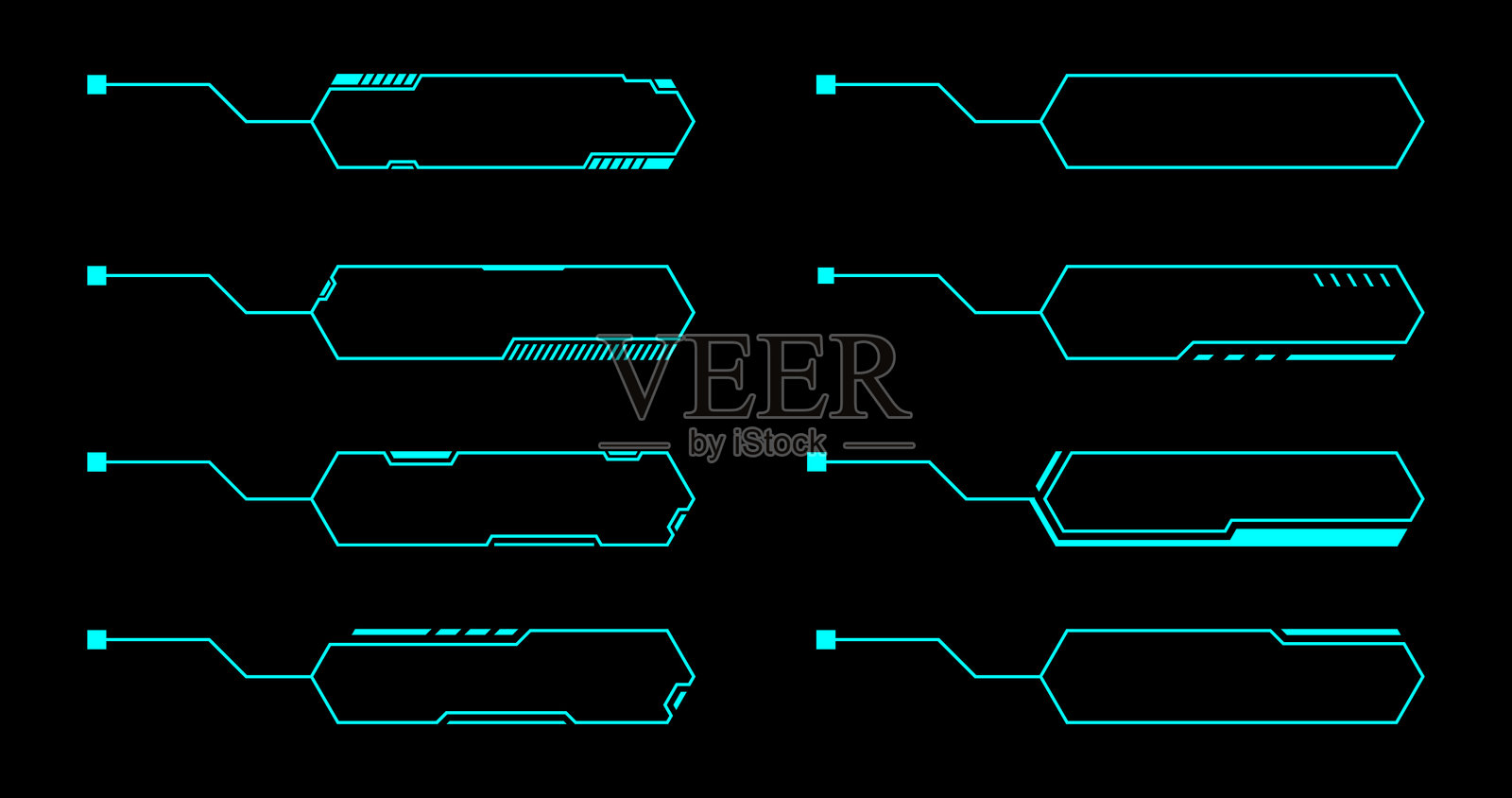 未来派HUD元素：一组8个流线型的未来派HUD元素，色彩鲜艳的青蓝色，旨在提升任何数字设计。非常适合界面、叠加层和游戏设计。插画图片素材