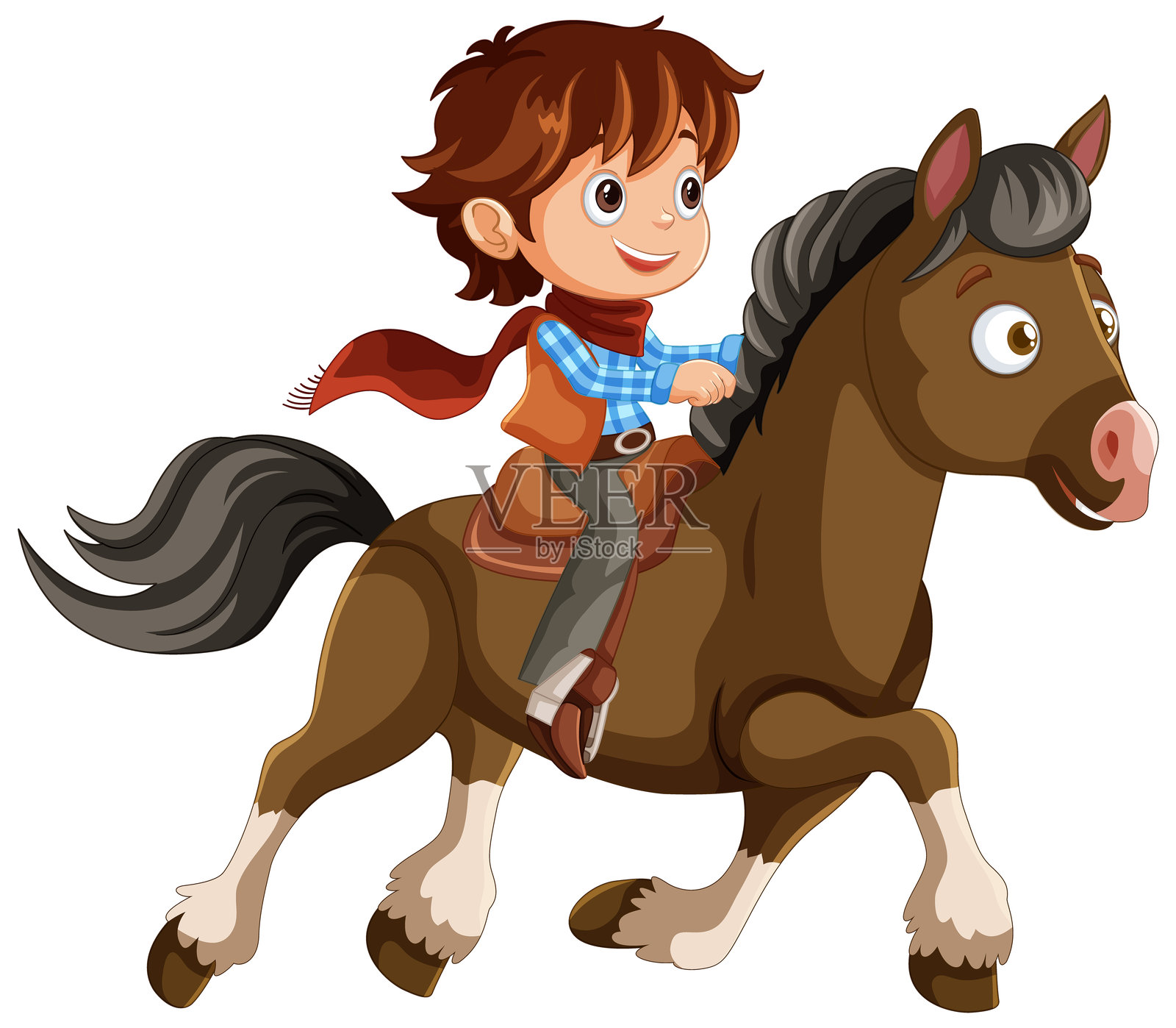 一个快乐的牛仔骑着棕色的马插画图片素材