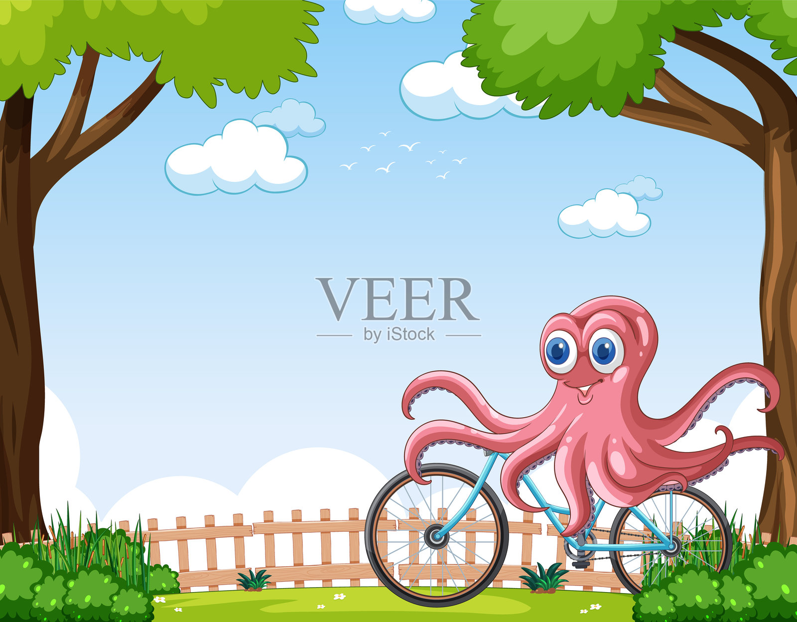 一只章鱼快乐地在户外骑自行车插画图片素材