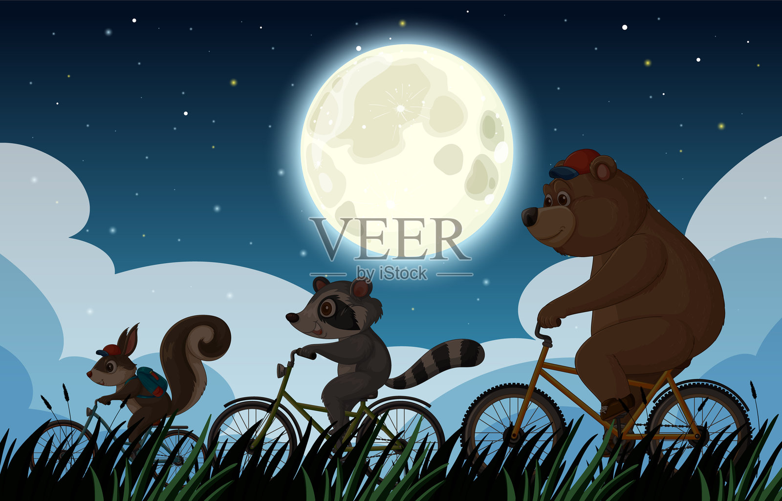 动物们在明亮的满月下骑自行车插画图片素材
