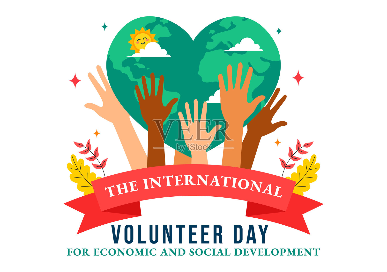 国际志愿者日经济与社会发展矢量插图，日期为12月5日，背景为平面设计的帮助之手。插画图片素材