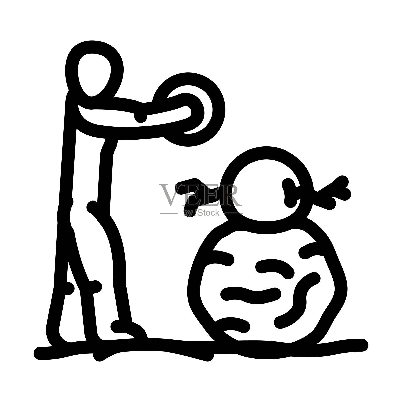 冬季堆雪人的线条图标插图插画图片素材