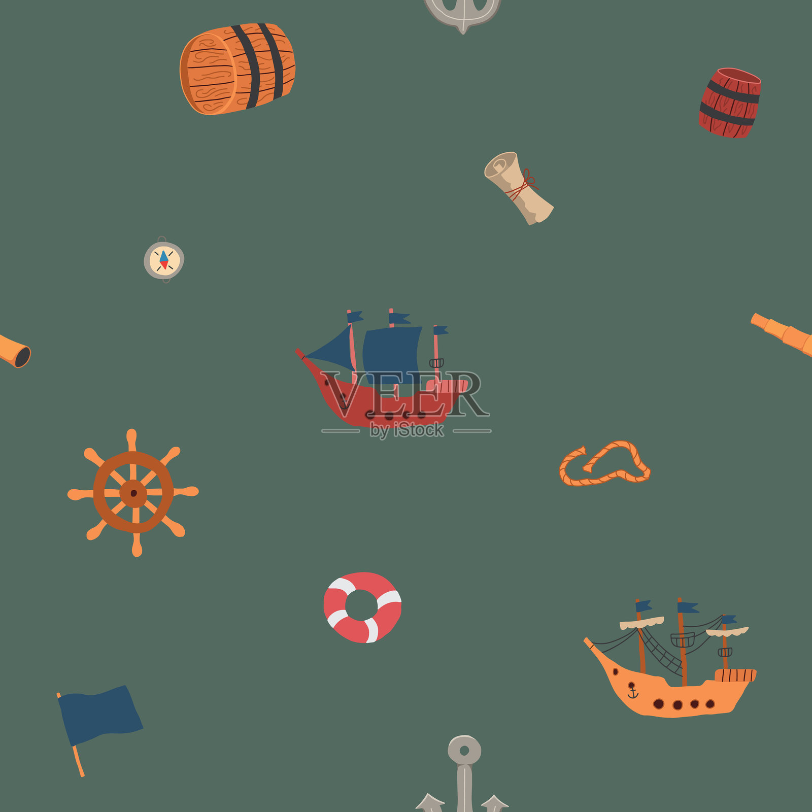 可爱的船和帆船无缝图案。卡通海洋物品和物件背景。矢量插图插画图片素材