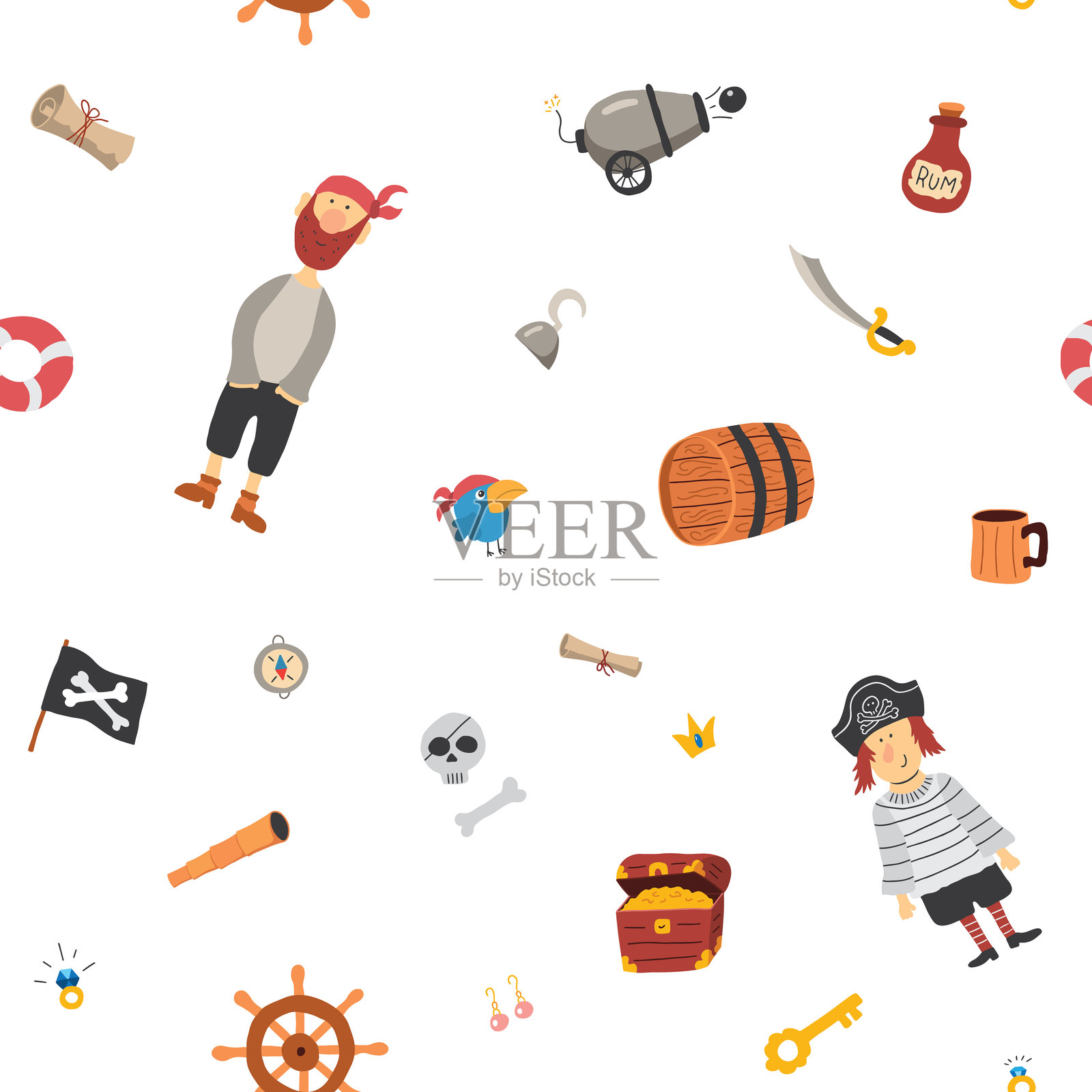 可爱的海盗元素无缝图案。卡通海盗物品和物件。背景。矢量插图。插画图片素材