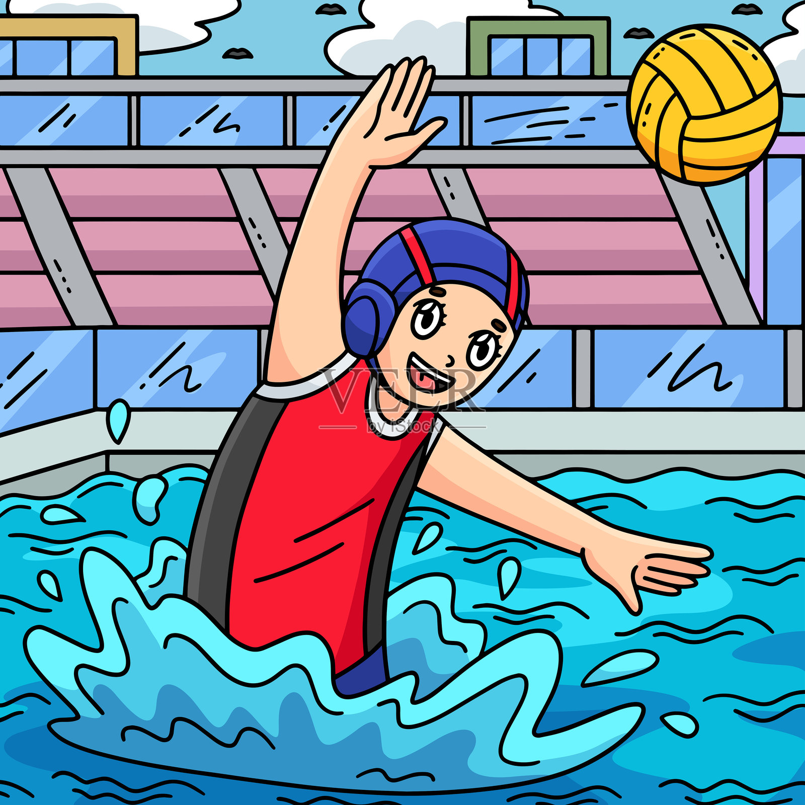水球女运动员传球 彩色插画图片素材