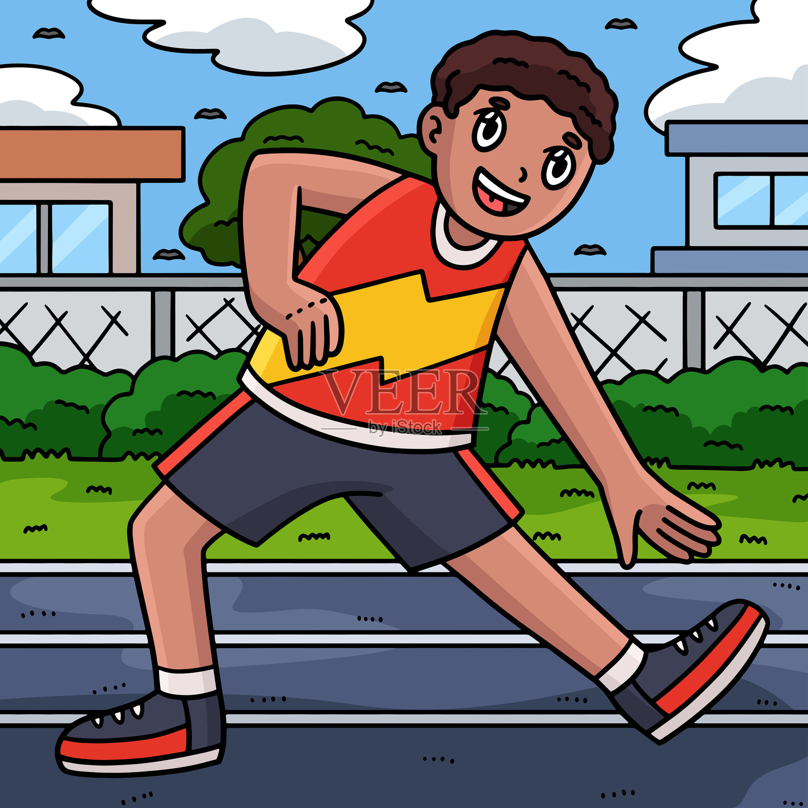 田径运动员拉伸的彩色卡通图像