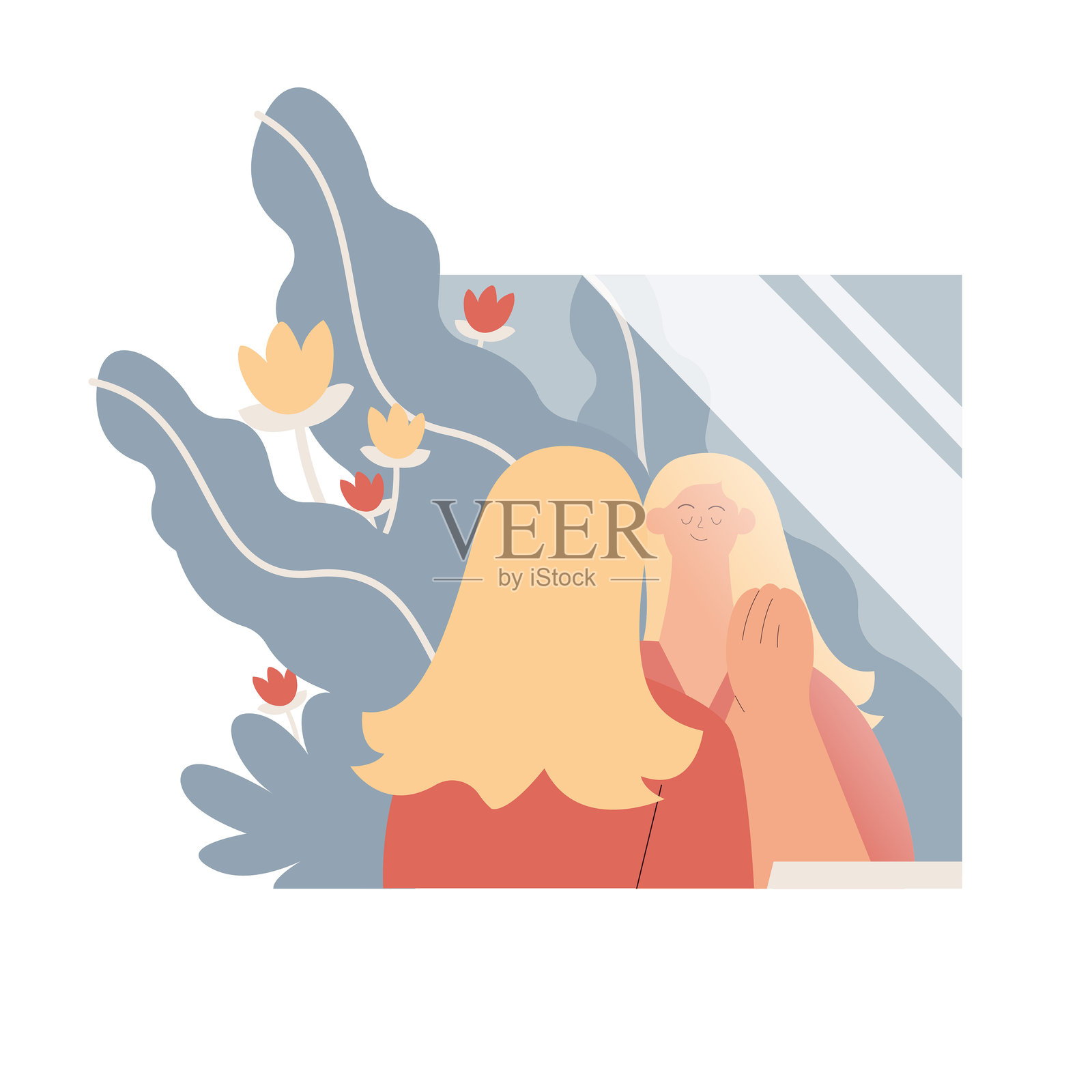 自我反思。心理健康和心理学概念。背景中有植物和花卉。现代矢量插图，背景为白色。插画图片素材