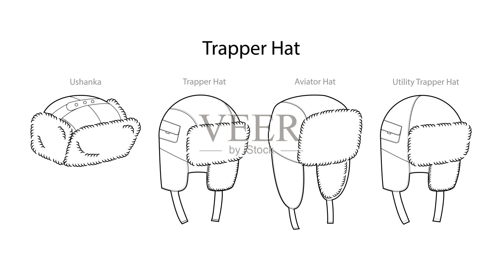 一套带有文字名称的捕手帽 - 实用乌沙卡飞行员帽。冬季头部时尚配饰，带毛皮衣物。插画图片素材
