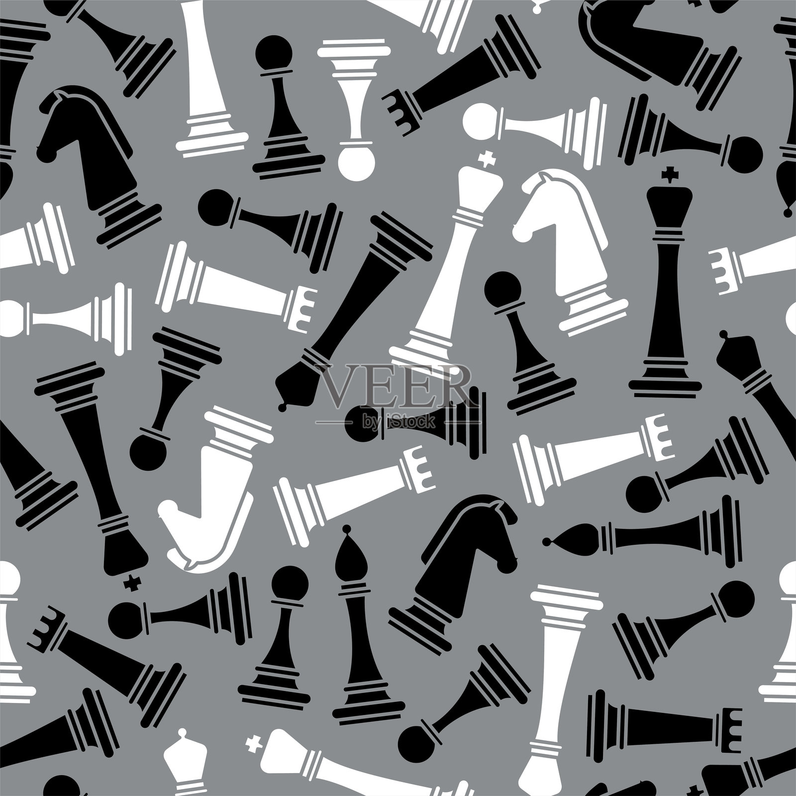 棋盘图案无缝。棋子背景。兵和车棋子背景。马和主教背景。国王和王后纹理。插画图片素材