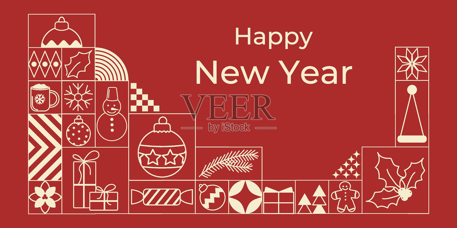 横向几何极简背景，线条风格，带有新年元素。现代圣诞模板，红色背景，白色线性图标。非常适合邀请函、贺卡、海报和封面。插画图片素材