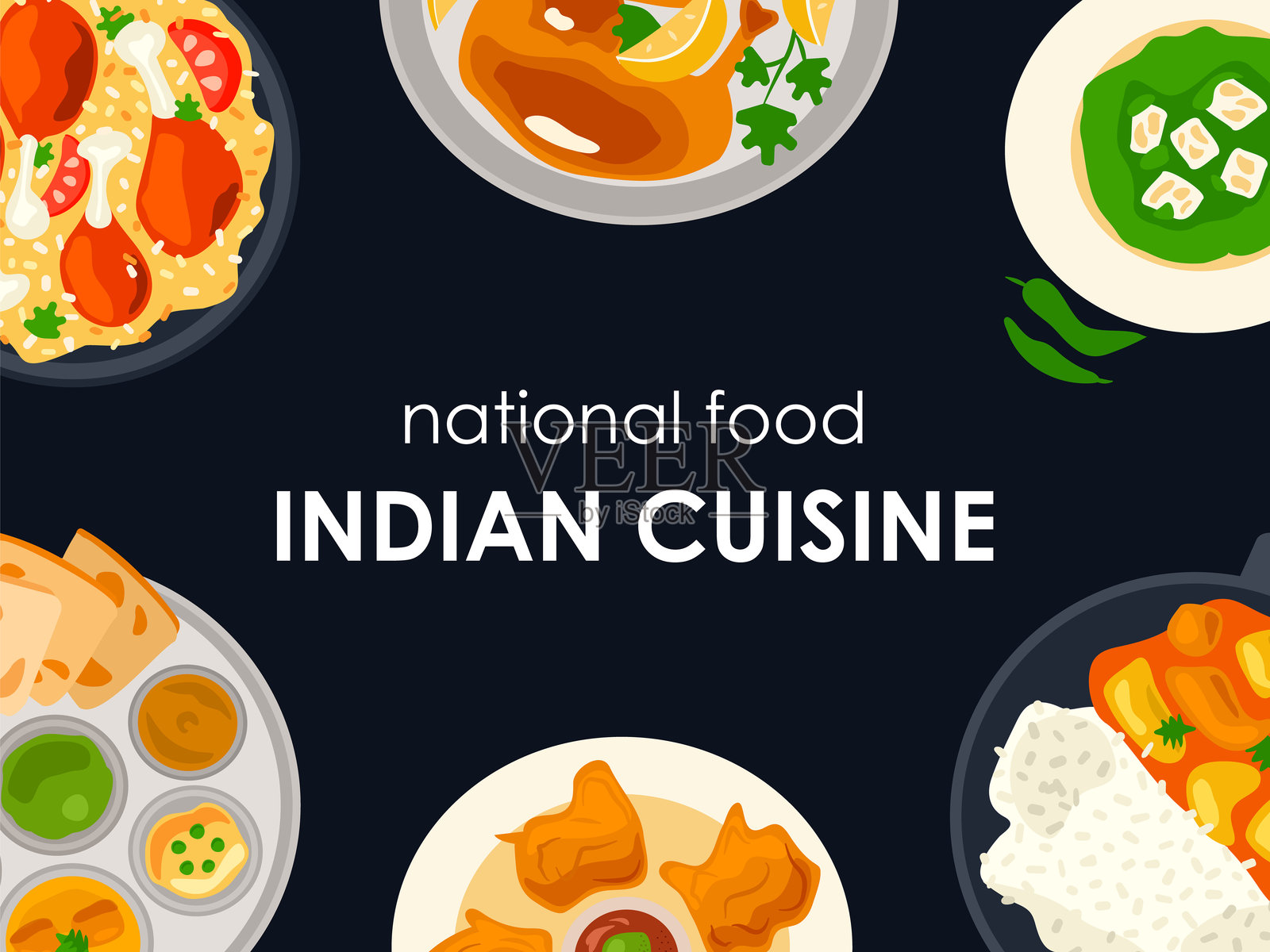黑色背景上的热门印度菜肴俯视图，框架。国家美食，传统印度食品插画图片素材