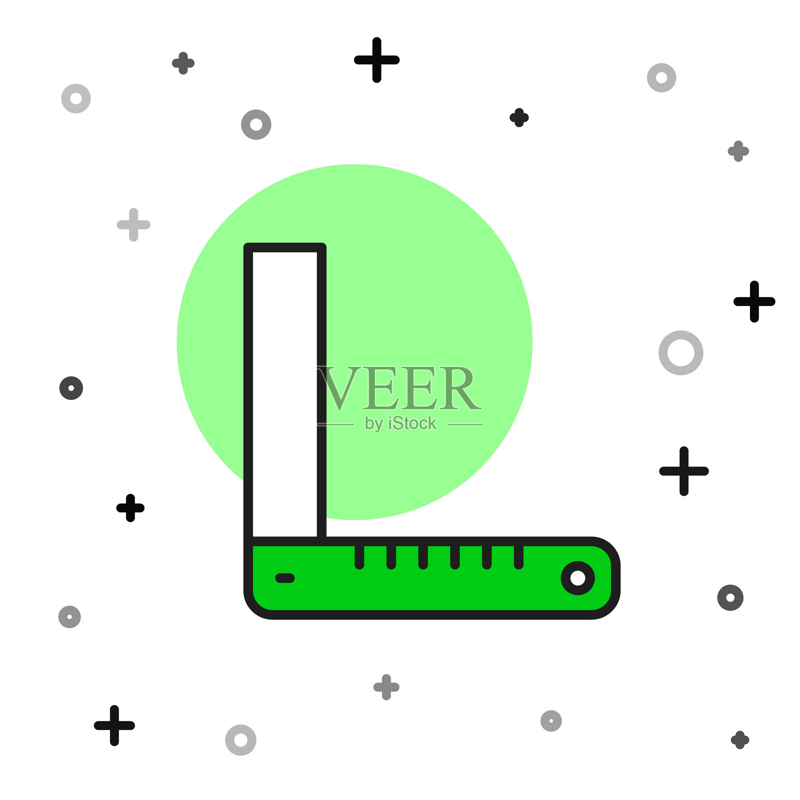 填充轮廓的角尺图标，背景为白色。三角尺、角度尺、木工、测量工具、刻度。矢量图。插画图片素材