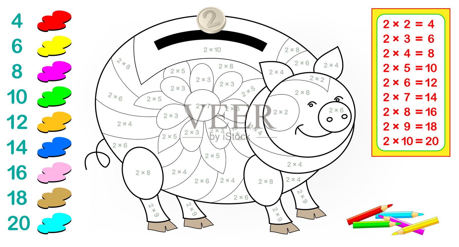 包含乘以二的练习题的儿童工作表。需要解决例题并用相关颜色为图画上色。矢量卡通图像。插画图片素材