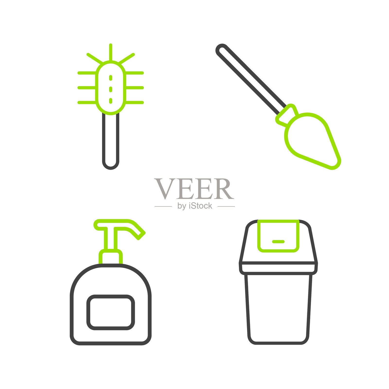 垃圾桶、液体肥皂瓶、手柄扫帚和马桶刷图标。矢量图。插画图片素材