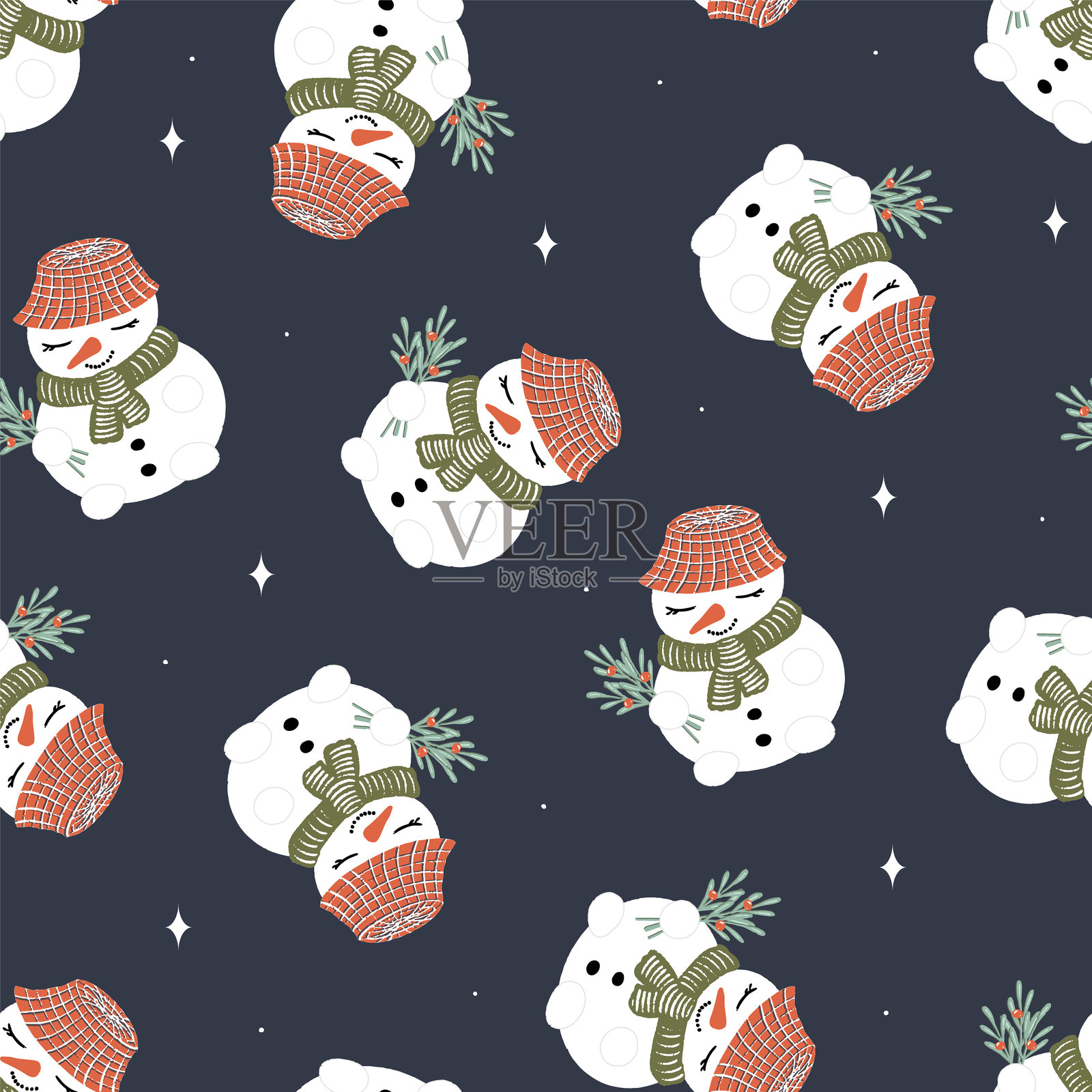 可爱雪人的无缝矢量图案，背景为深蓝色的圣诞夜，适用于面料、包装和礼品包装。插画图片素材