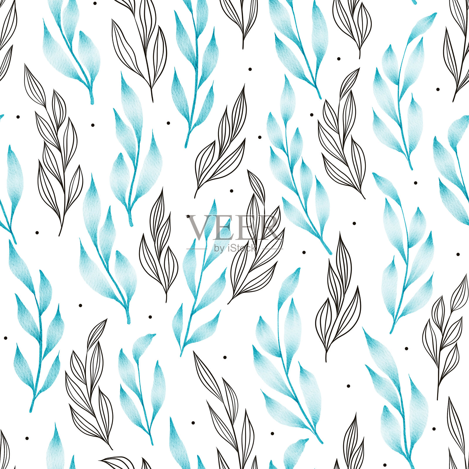无缝植物图案，柔和的蓝色植物枝条以黑色勾勒，背景为白色照片摄影图片