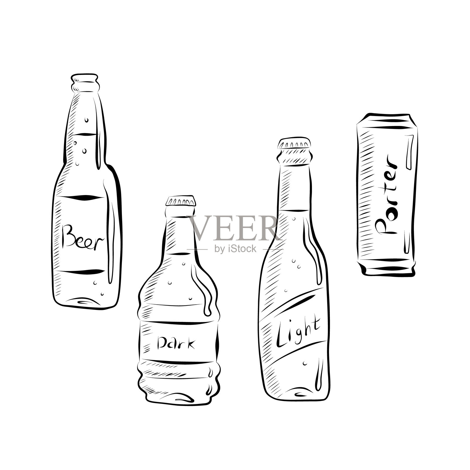 不同啤酒瓶的线条画。矢量图。插画图片素材