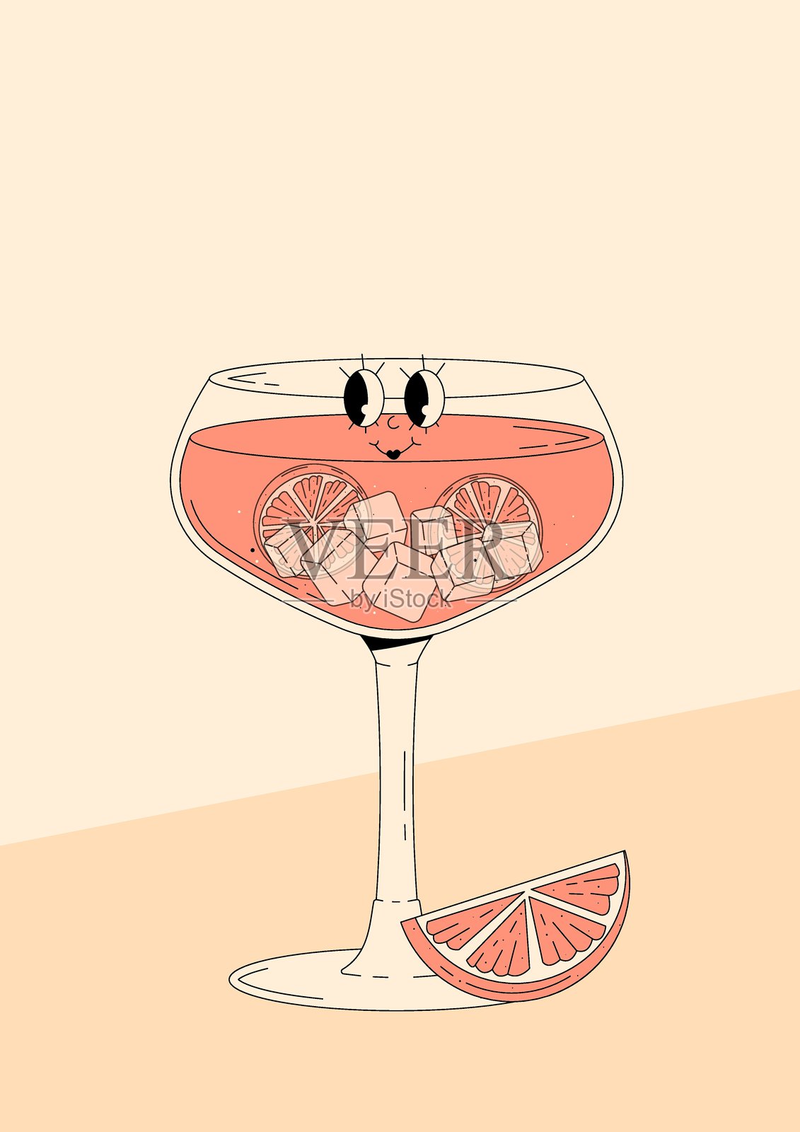 充满情感的粉红葡萄柚气泡酒的时髦角色。复古夏季海报，展示流行的鸡尾酒和空白空间。70年代、80年代风格的复古插图。插画图片素材