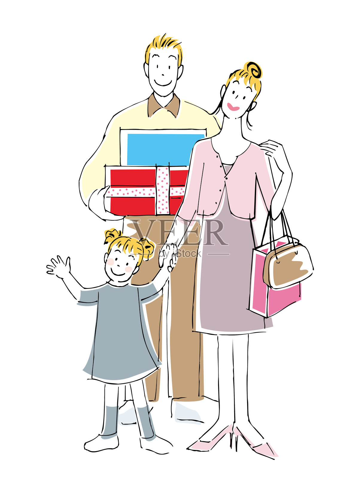 父母和孩子一起享受购物乐趣插画图片素材