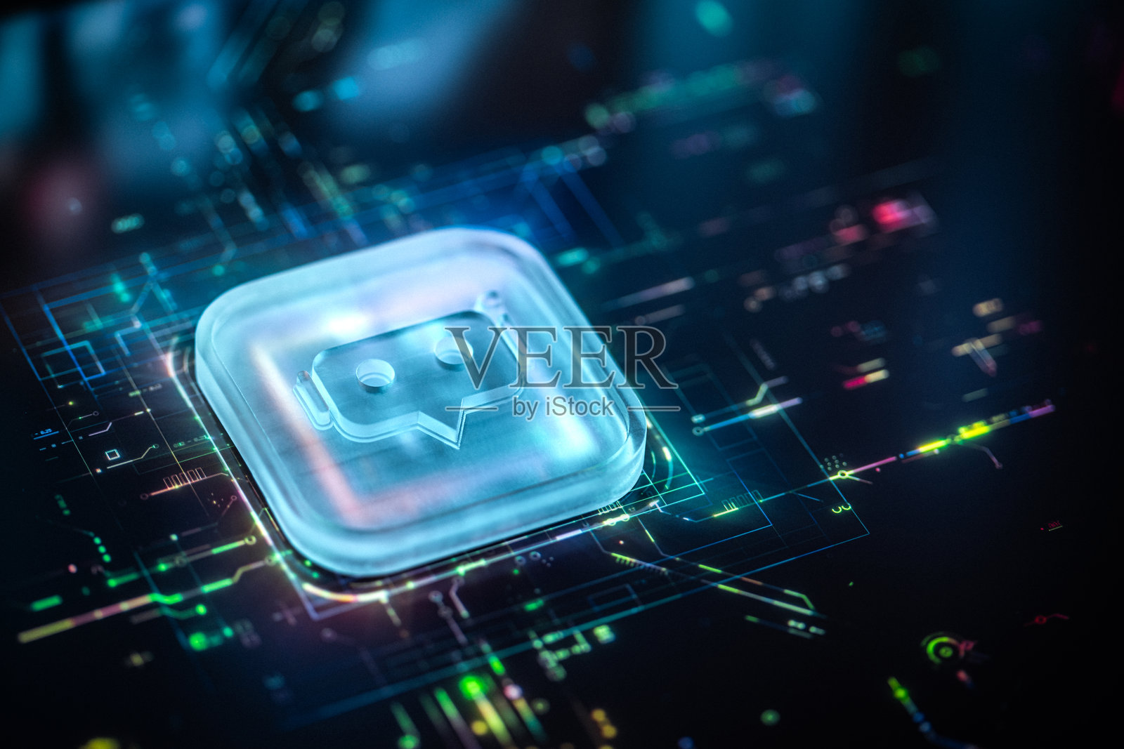 未来派人工智能聊天机器人概念在发光电路板上照片摄影图片