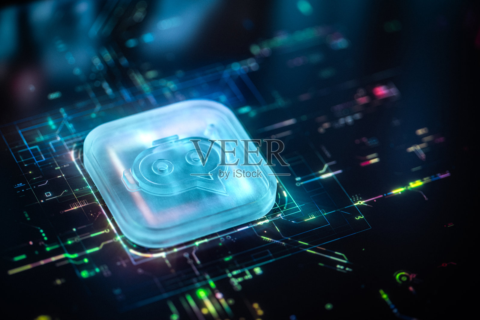 未来派人工智能聊天机器人概念在发光电路板上照片摄影图片