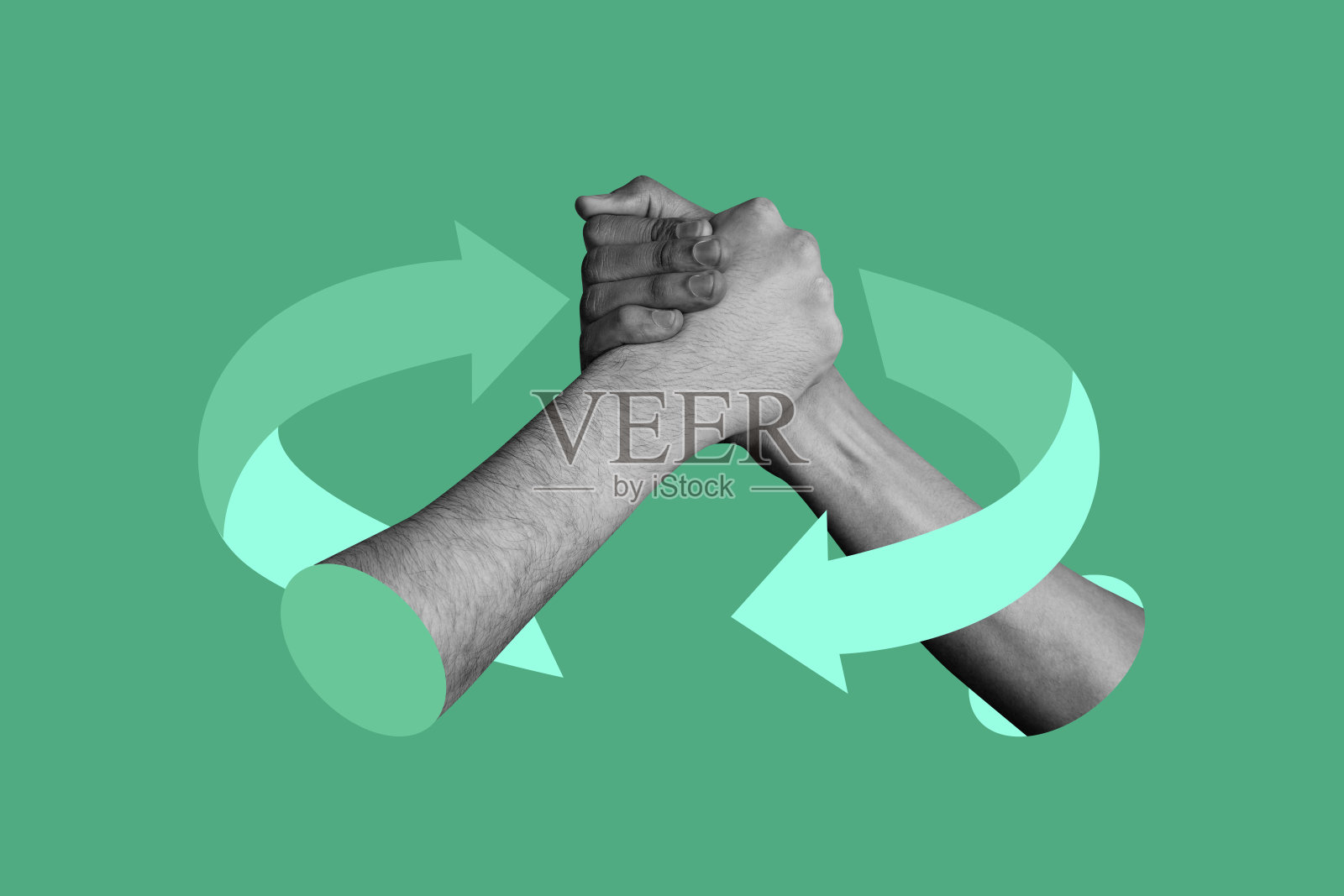 商务人士手部合作姿势的合成照片拼贴，握手、协议、支持箭头，背景为涂鸦风格。照片摄影图片