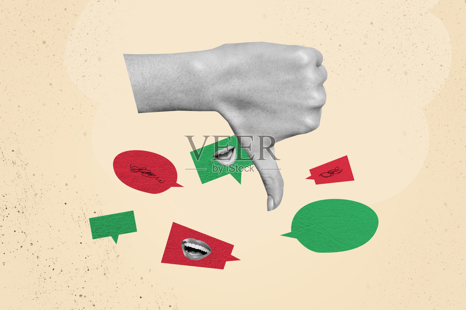 复合趋势艺术作品草图，图像拼贴包含手势、向下指的手指、表示不喜欢的拇指、言语云和说话的嘴唇。照片摄影图片