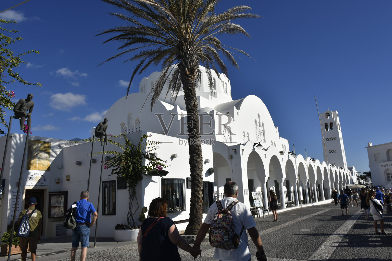 希腊欧洲圣托里尼费拉，提拉，南爱琴海，巴尔干半岛，东南欧洲，圣托里尼东正教大教堂，人们，建筑照片摄影图片