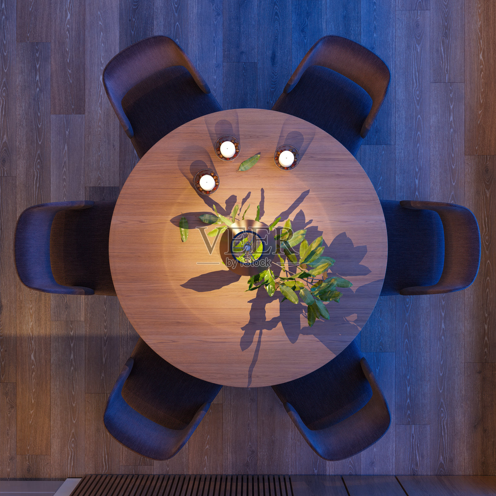 现代餐厅室内设计，现代家具，夜景俯视图照片摄影图片