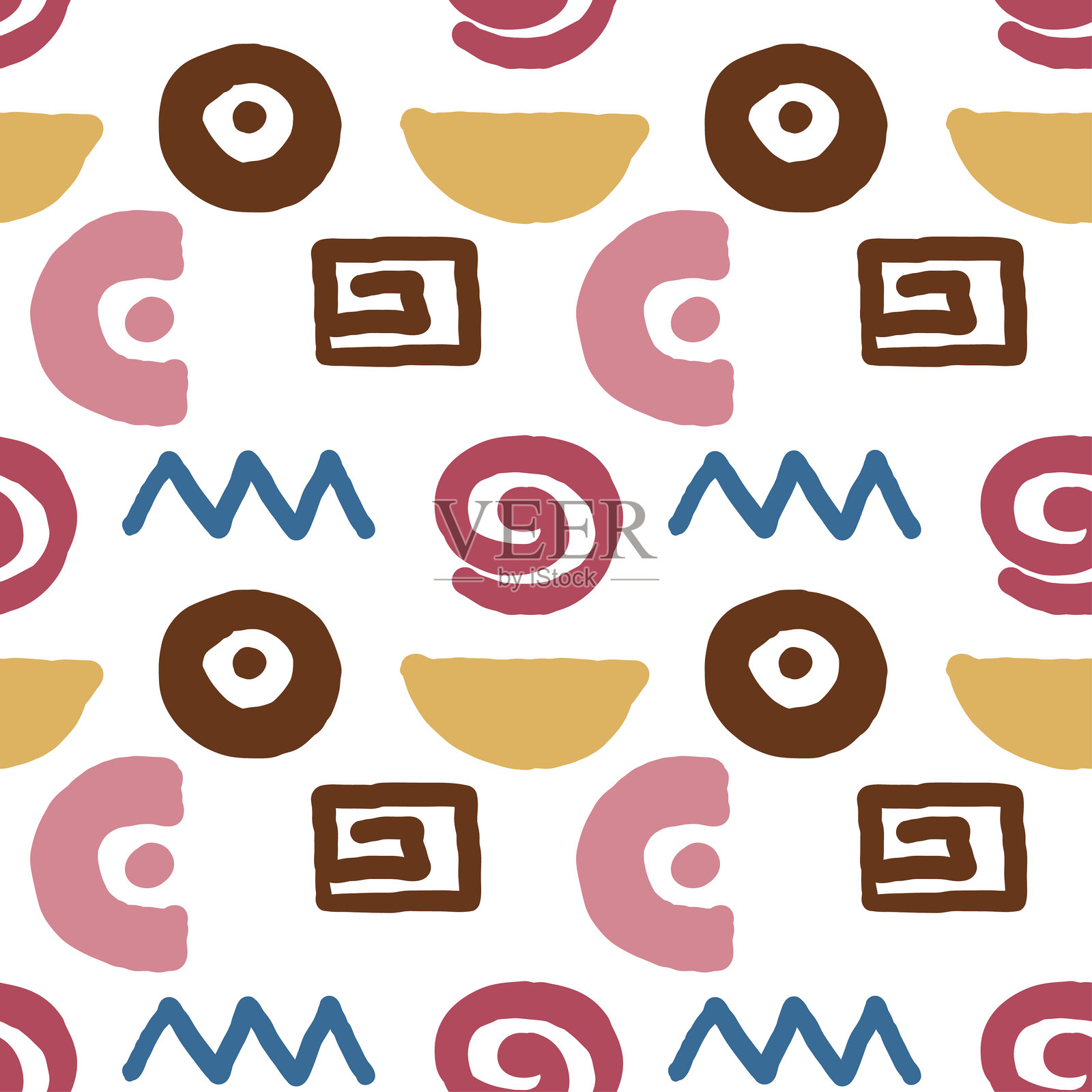 螺旋线、锯齿形和抽象手绘几何图形复古风格无缝图案插画图片素材