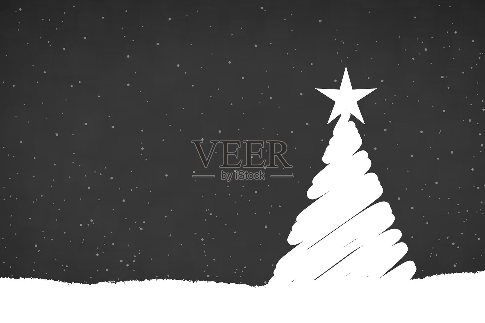 创意的灰黑色斑点背景上，有一棵白色涂鸦风格的圣诞树，顶部有一颗明亮闪耀的星星树顶，底部是雪的边框，背景中有星星和闪烁的雪花。插画图片素材