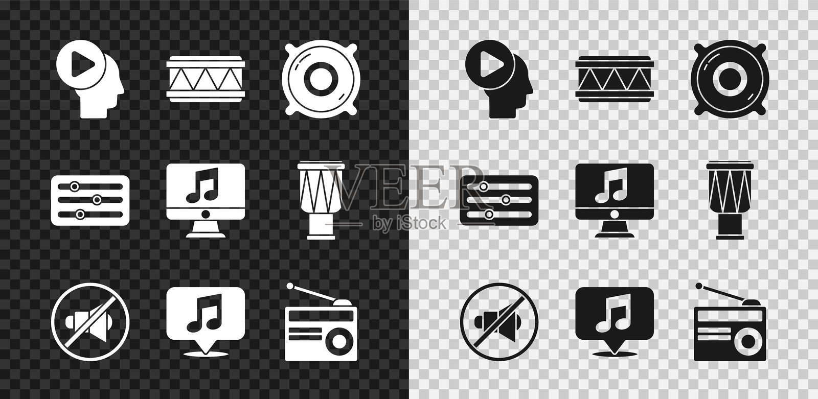设置头部人物与播放按钮、鼓、立体声扬声器、扬声器静音、气泡中的音符、无线电天线、声音混音控制器和计算机音乐图标。矢量图。插画图片素材