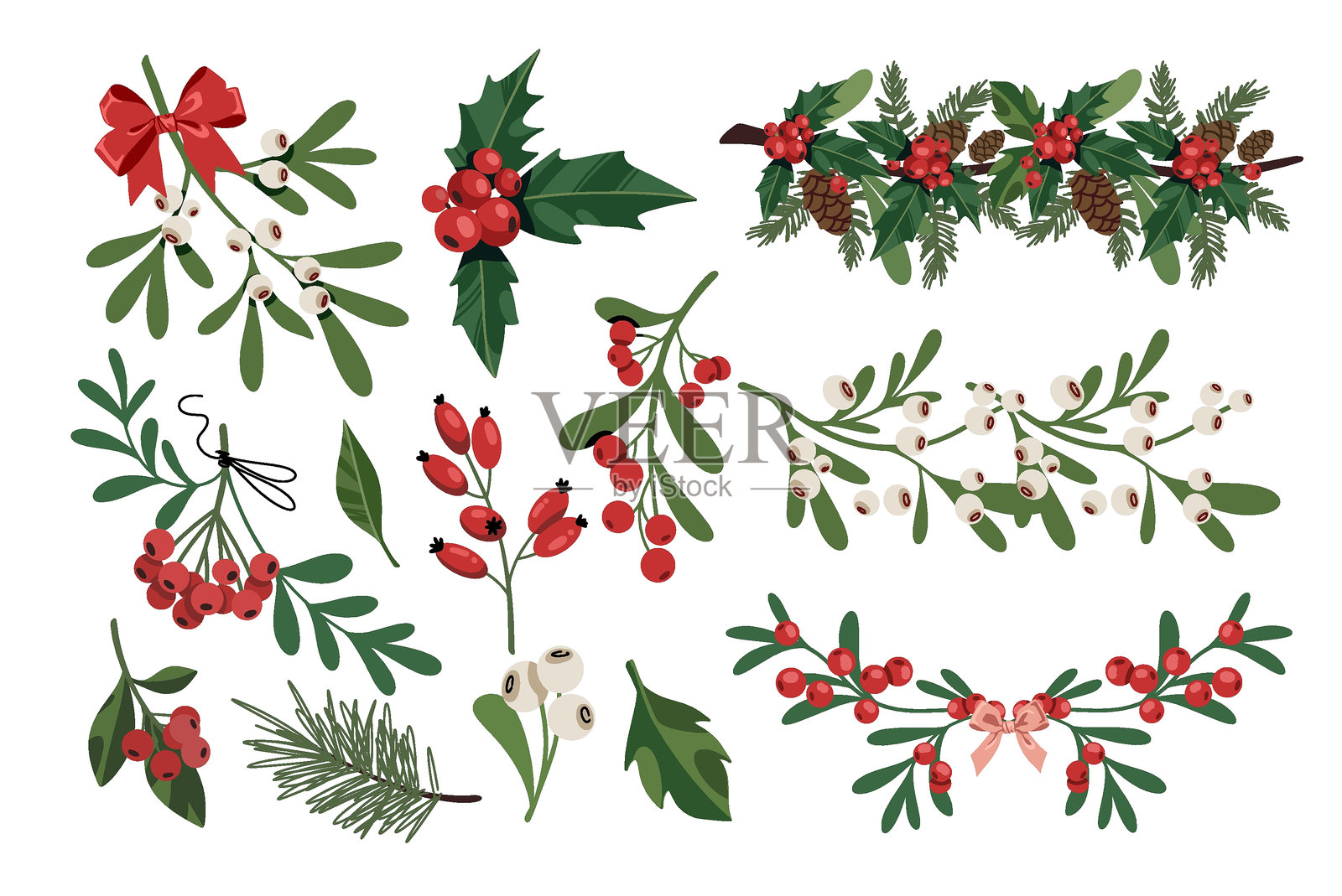 圣诞设计元素。冬季系列的叶子、花环、浆果、树枝，白色背景下的独立图案。手绘植物装饰用于节日。插画图片素材