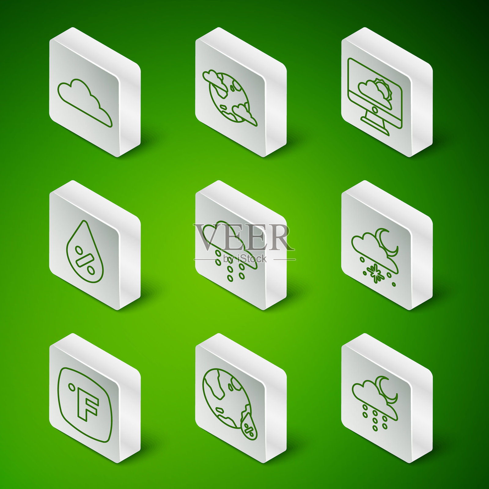 云彩、雨水和月亮的线条，水滴百分比，地球行星云彩，华氏温度和雪太阳图标。矢量图。插画图片素材