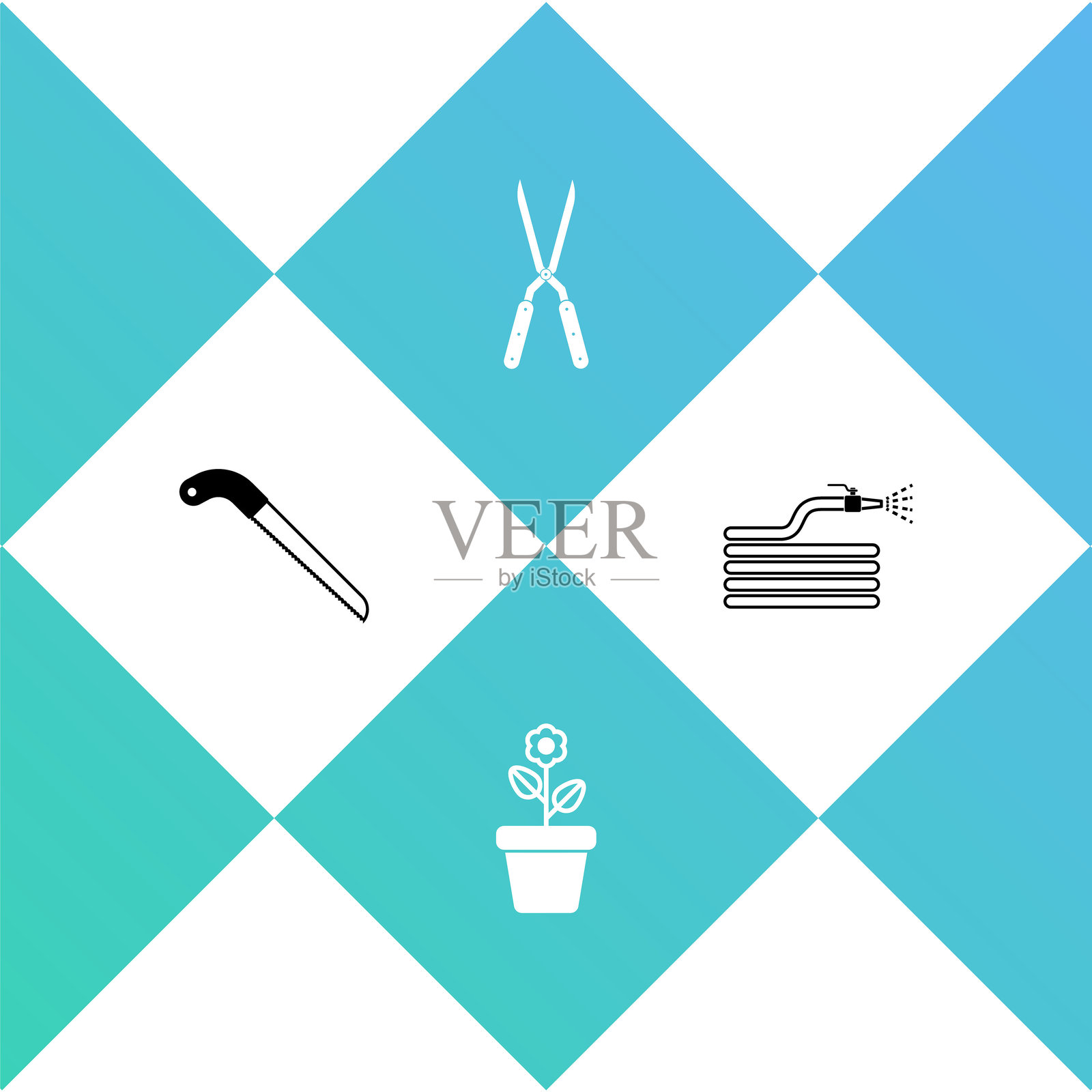 园艺锯子、花盆中的花、手工园艺剪刀和消防水管图标。矢量图。插画图片素材