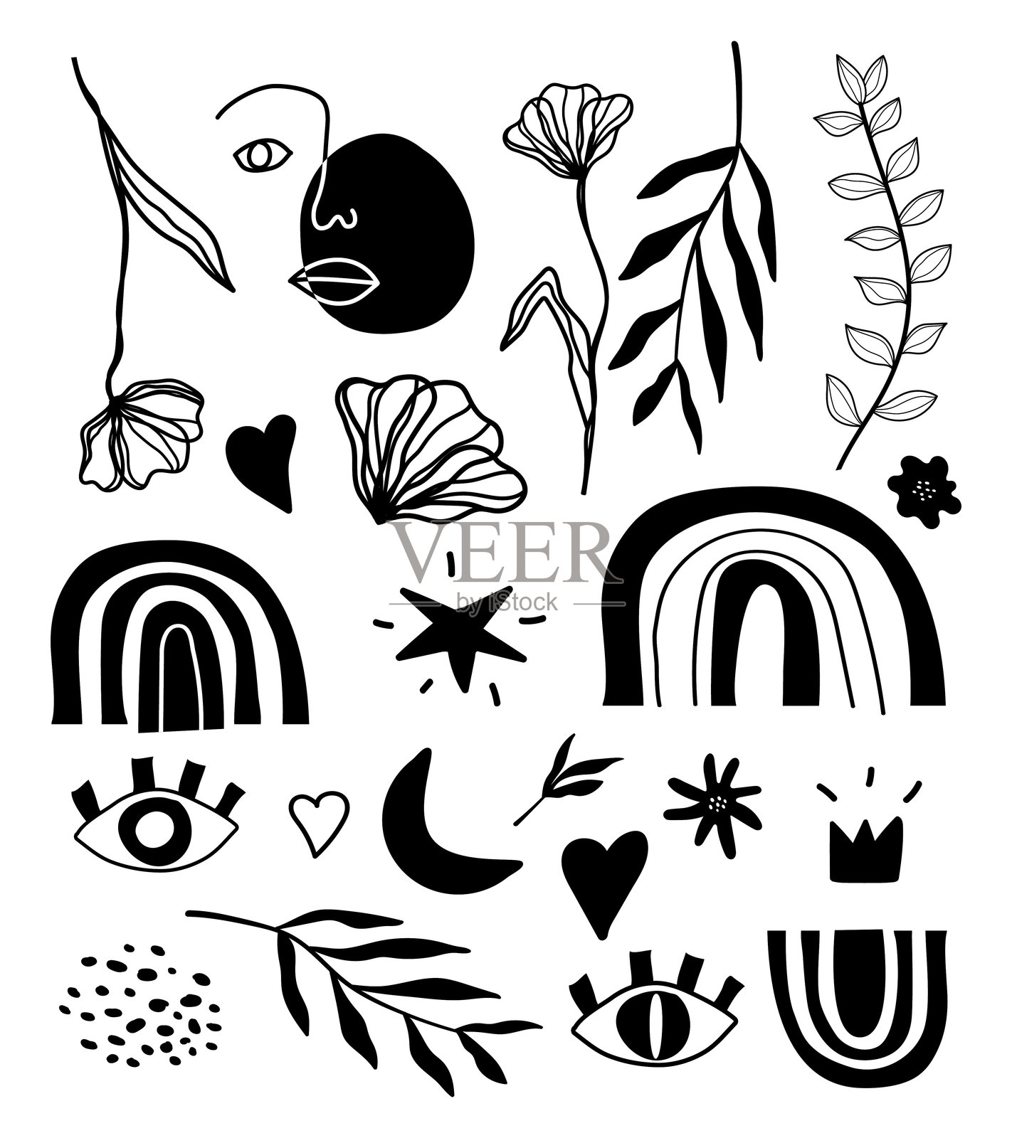 黑白装饰元素组合。植物、彩虹、王冠等。手绘，平面风格。eps 10插画图片素材
