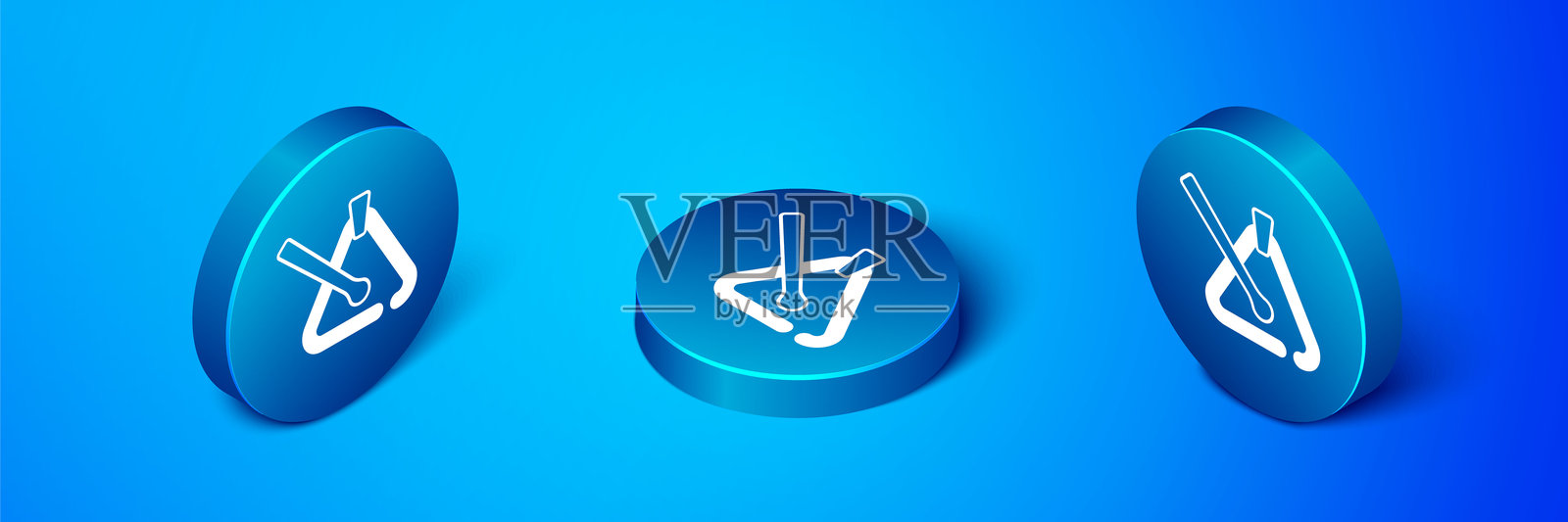 等距三角形乐器图标，孤立在蓝色背景上。蓝色圆形按钮。矢量图。插画图片素材