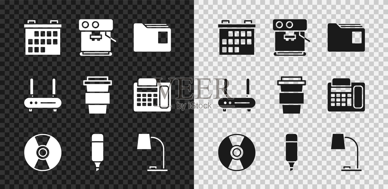 日历、咖啡机、文件夹、CD或DVD光盘、记号笔、台灯、路由器和Wi-Fi信号以及外带杯图标。矢量图。插画图片素材